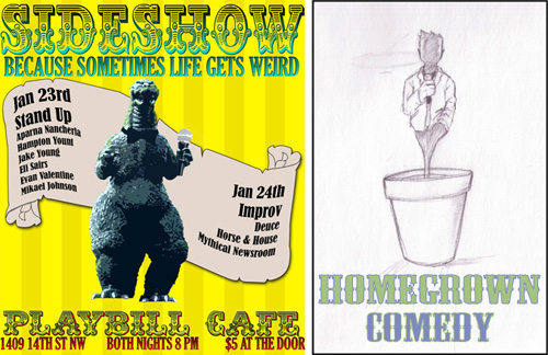 Sideshow playbill designed by Asa Boy, Homegrown Comedy poster courtesy Jay Hastings