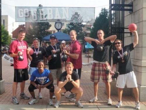 The winners celebrate with CrossFit at the finish.