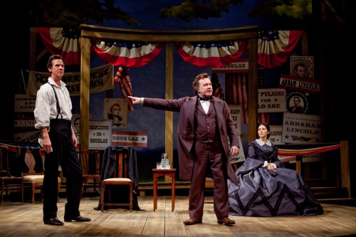 Robert Parsons as Abraham Lincoln, Rick Foucheux as Stephen Douglas and Sarah Zimmerman as Adele Douglas in the Ford’s Theatre Society production of Norman Corwin’s The Rivalry, directed by Mark Ramont. Photo by T. Charles Erickson.