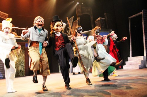 Production photo from A Commedia Christmas Carol. Presented at Gallaudet University, Nov 29 – Dec 23. Left to Right: Joel David Santner, Toby Mulford, Tyler Herman, Sandra Mae Frank, Jessica Willoughby and Paul Reisman. Photo by Second Glance Photography.