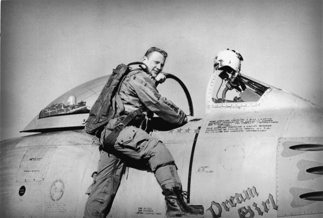 Buzz Aldrin climbs into his F-86 Sabre Jet in Korea, circa 1952. ( Photo used by permission from the Buzz Aldrin Photo Archive  and National Geographic)