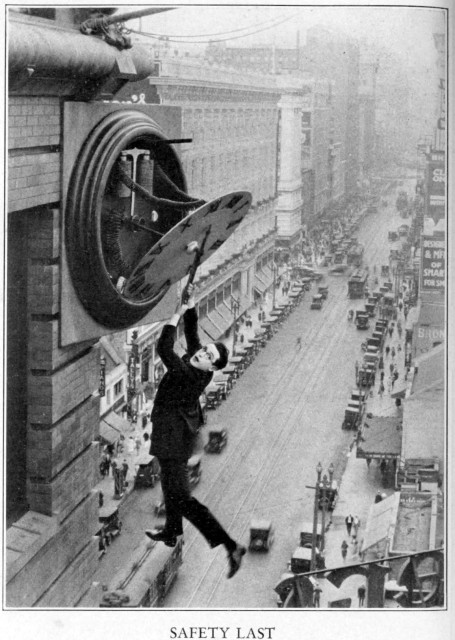 Promotional photo from Harold Lloyd's film Safety Last!, via Wikimedia Commons.