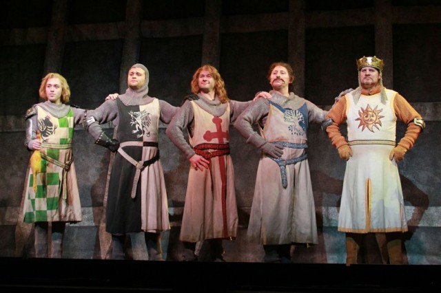 (L to R) Kasidy Devlin (Sir Robin), Adam Grabau (Sir Lancelot), Joshua Taylor Hamilton (Sir Dennis Galahad), Thomas DeMarcus (Sir Bedevere), and Arthur Rowan (King Arthur). Photo credit: Courtesy of Monty Python’s Spamalot.