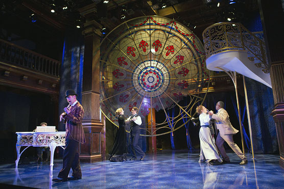 The cast of Twelfth Night dances as Feste (Louis Butelli) plays his ukulele. Photo by Scott Suchman.