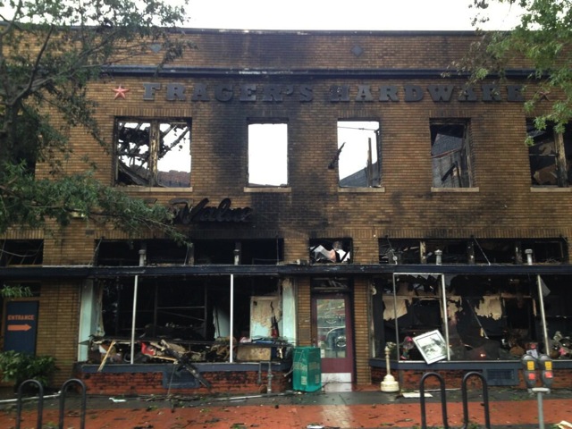 Frager's Hardware after the fire, a burnt out hust