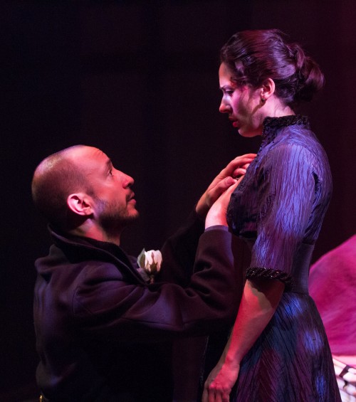 Richard (Drew Cortese) pleads with Lady Anne (Alyssa Wilmoth Keegan) in Richard III, at the Folger Theatre January 28 – March 9, 2014. Photo by Teresa Wood.