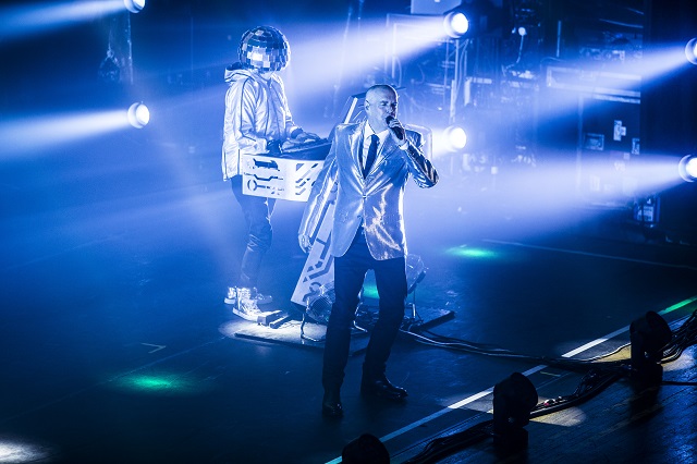 Neil Tennant (front) and Chris Lowe dominate the Thomas Wolfe Auditorium (Photo courtesy Moogfest)